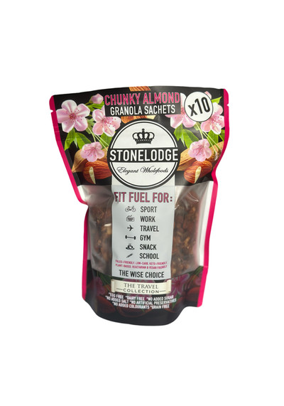 Stonelodge Chunky Almond Granola packaging - 250g gourmet grain-free and sugar-free granola blend with premium nuts and seeds for Keto, Paleo, and Vegan diets