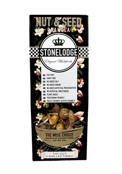 Close-up view of Stonelodge Nut and Seed Granola features roasted macadamia nuts, almonds, pumpkin seeds, and golden coconut flakes, sweetened with raw honey