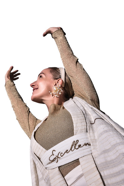 Kashesh Mahira Coat Ivory - Cream handwoven women's vest jacket featuring a glittering sequin Dubai skyline design and recycled fabric texture