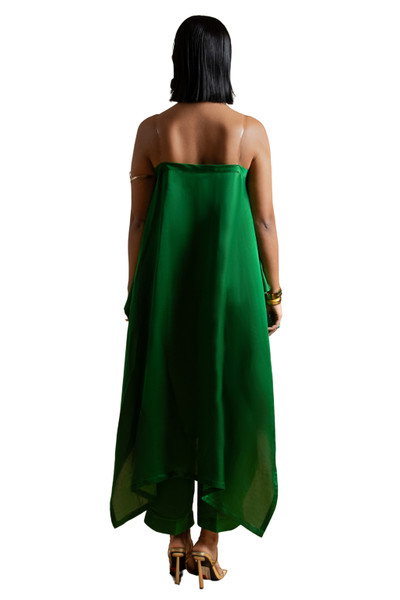 Kashesh 'Fuljadi' emerald green strapless ensemble featuring a flowing 50/50 linen-satin top with delicate tassel accents and a detachable brooch, paired with slim tailored pants