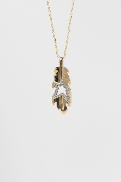 18k gold-plated feather pendant necklace with crystal star detail, isolated on a white background.