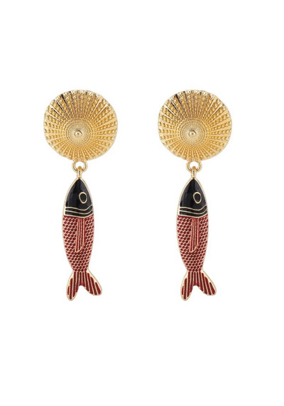 Gold and red fish dangle earrings made of gold-plated metal and vibrant enamel