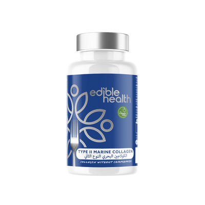 Bottle of Edible Health Hydrolysed Marine Collagen Type II capsules. High strength 1025mg serving with Vitamin C. Sustainably sourced fish collagen supplement for joint cartilage support and skin anti-aging.
