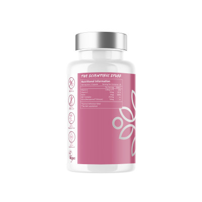 Bottle of Edible Health Silicium+ capsules containing Mesoporosil® Silica, Biotin, Vitamin C, Vitamin E, and MCT oil. High absorption daily supplement for skin elasticity, hair strength, and collagen formation.
