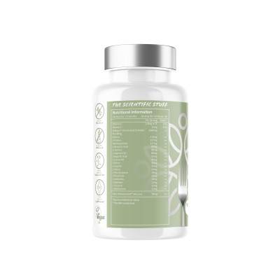 White bottle of Vegan Collagen Booster capsules containing Vollagen amino acids and Mesoporosil Silica. Label highlights Vitamin C and E content for skin, hair, and joint support. Vegan Society approved logo visible.