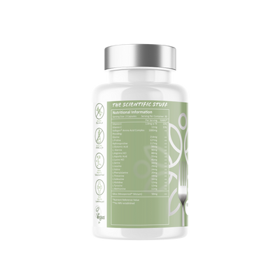 White bottle of Vegan Collagen Booster capsules containing Vollagen amino acids and Mesoporosil Silica. Label highlights Vitamin C and E content for skin, hair, and joint support. Vegan Society approved logo visible.