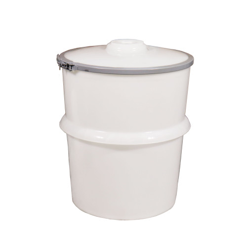 25 Gallon Natural HDPE Plastic Dak Pak Open Head Drum, w/ Natural Cover, 1-4" Fitting in Middle w/ Metal Lever Lock Ring