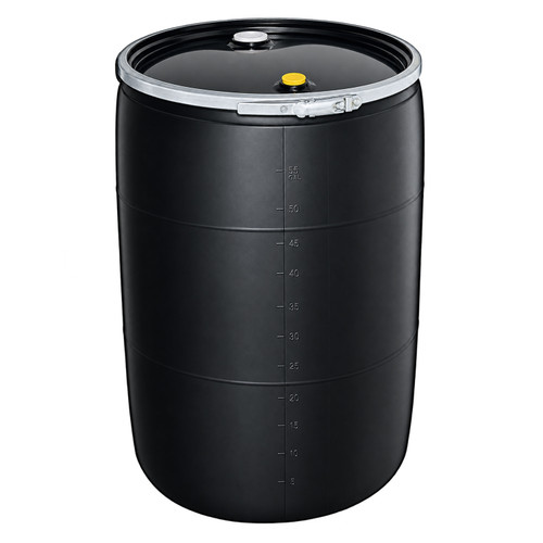 55 Gallon Black Plastic Open Head Drum, 2" Buttress & 3/4" NPS, Lever Lock Ring, UN Rated