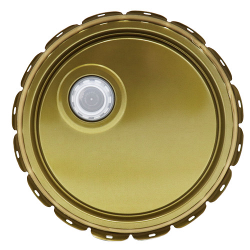2.5-7 Gallon Black Steel Pail Cover, Gold Phenolic Lining, Rieke Fitting, Flow In Gasket, UN Rated