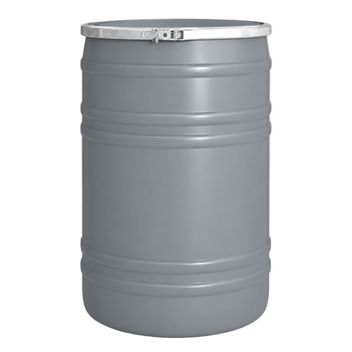 20 Gallon Gray HDPE Plastic Open Head Drum, Gray Cover, Lever Lock Ring, UN Rated