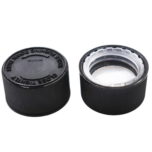 24mm 24-400 Black PP Plastic Child Resistant Cap, Pulp, Push Down & Turn, Heat Seal PE