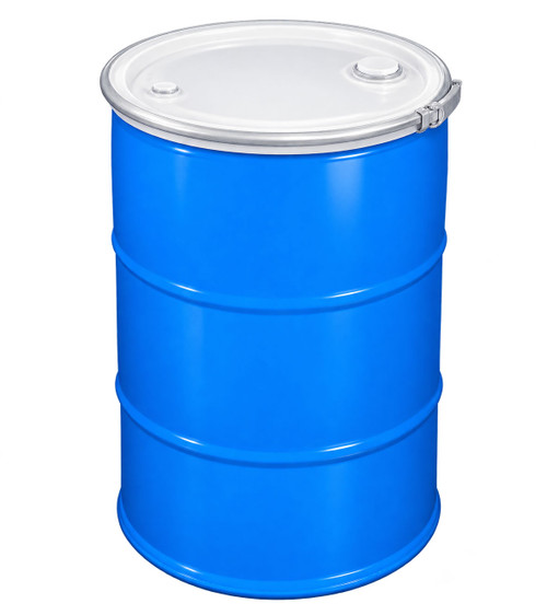 30 Gallon Blue Plastic Open Head Drum, Natural Cover, 2" & 3/4" Fitting, Lever Lock Ring, UN Rated
