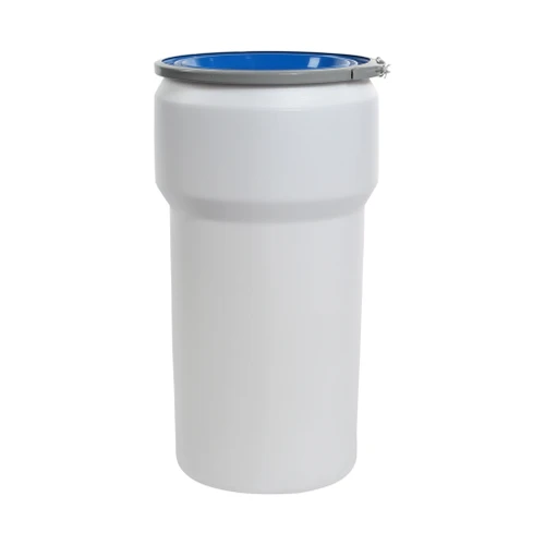 20 Gallon Natural HDPE Plastic Open Head Nestable Drum, w/ Blue Cover, Lever Lock Ring, UN Rated