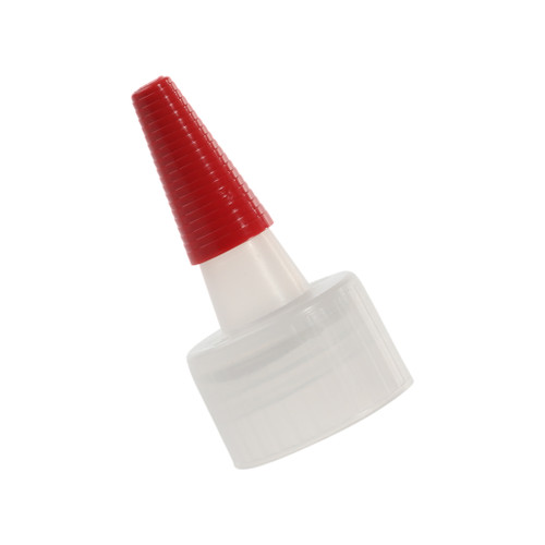 24mm, 24-410 Natural LDPE Plastic Yorker Spout Cap w/ Red Long Tip, Easy Peel Heat Seal, Foam Gasket. .030" Orifice
