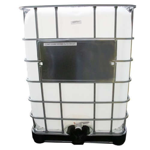 330 Gallon New IBC Tote, Natural Bottle, 6" Cap, 2" Poly Cylinder Ball Valve Tamper Evident, Steel Pallet, 2 Large Label Plates, Viton Gasket UN Rated