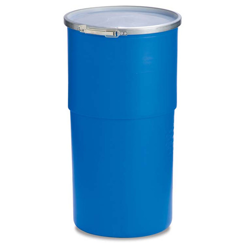 15 Gallon Blue Plastic HDPE Open Head Tapered Drum w/ Natural Cover, Metal Lever Lock Ring