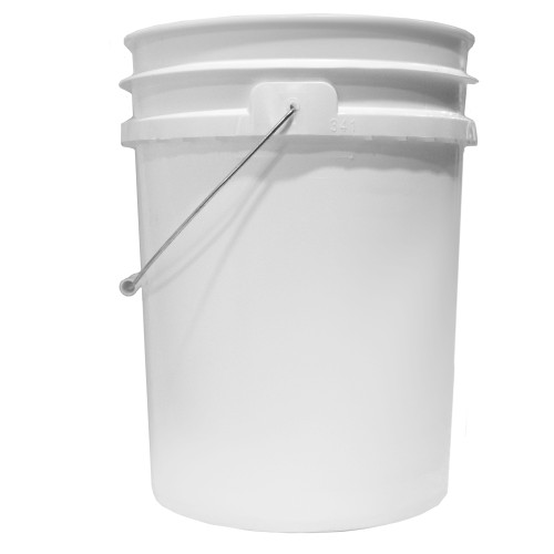 20 Liter White HDPE Plastic Open Head Pail W/ Black Child Warning Label, Metal Bail