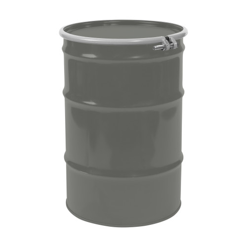 55 Gallon Gray Steel Open Head Drum, Unlined, Gray Cover w/ EPDM Gasket in CVR, Bolt Ring