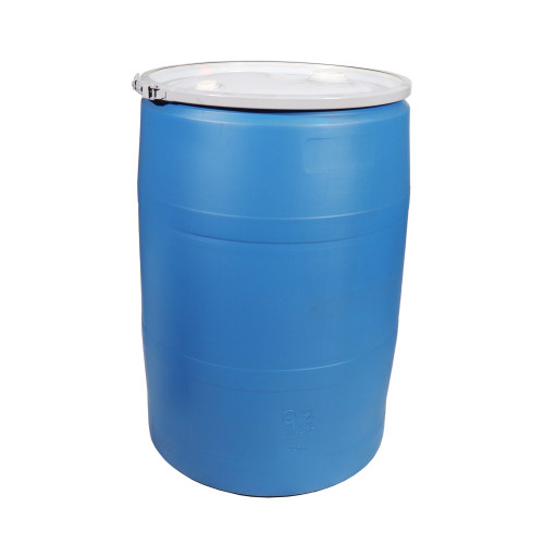 55 Gallon Blue Plastic Open Head Delcon Drum, w/ Natural Cover, Plastic Lever Lock Ring, 2" & 3/4" Fittings, UN Rated
