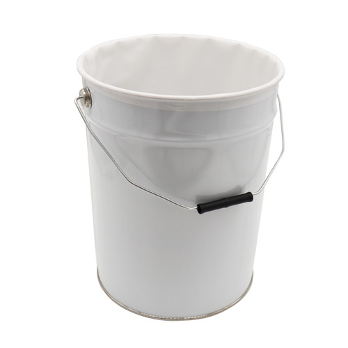 22 Liter White Tinplate Lacquer Open Head Pail, 2" Single Bead, LDPE Liner Installed, Metal Bail