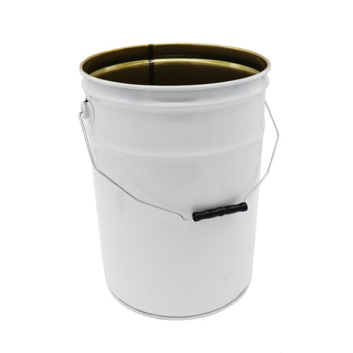 6 Gallon White Steel Open Head Pail, Clear Phenolic Lining, 4" Double Bead, UN Rated