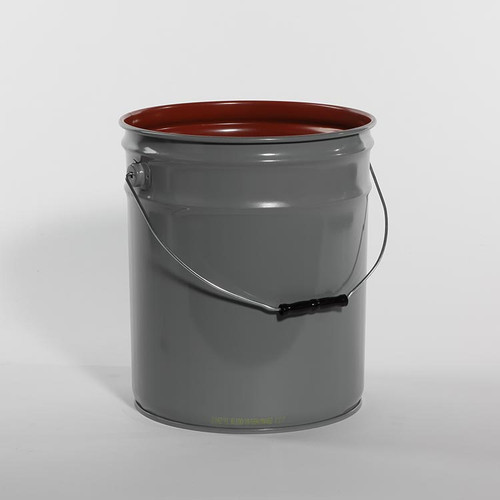 5 Gallon Gray Open Head Steel Pail, Red Phenolic Lined, 3"  Double Bead, UN Rated