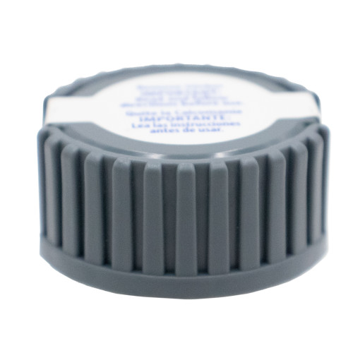 38mm 38-400 Gray PP Plastic Snap Adapt, Ribbed Side Cap, 19mm HT, Top Sticker & Dip Tube Attached