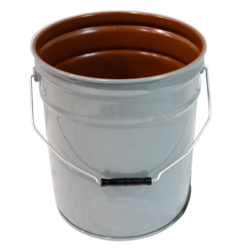 5 Gallon Gray Steel Open Head Pail, Red Phenolic Lining, 3" Double Bead, w/ Ring Seal Cover Red Phenolic Lining w/ Flow in Gasket, UN Rated