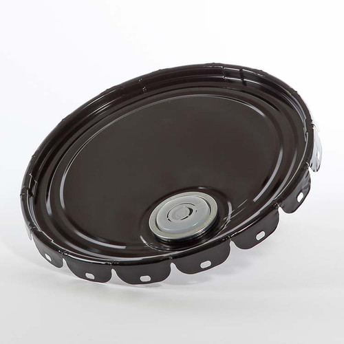 2.5-7 Gallon Black Steel Lug Pail Cover, Rust Inhibited, Rieke Fitting, Flow in Gasket, 29 Gauge