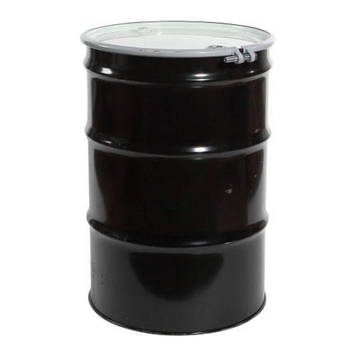 55 Gallon Black Steel Open Head Drum, Unlined, 3 Hoops, White Cover, EPDM Gasket, 2" and 3/4" Fitting, Poly Irradiated Gasket, Bolt Ring, UN Rated