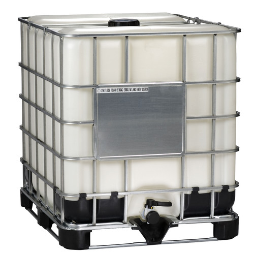 275 Gallon New IBC Tote, Natural Bottle, 6" Black Cap, 2" Vent Plug w/ Viton Gasket, 2" Ball Valve, PTFE Gasket, Steel Cage Hybrid Pallet, UN Rated