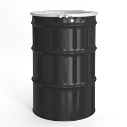 55 Gallon Black Steel Open Head Drum, White Cover, Light Buff Epoxy Lining, 2" & 3/4 Nylon Fitting, Irradiated Gasket, UN Rated