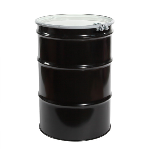 55 Gallon Black Steel Open Head Drum, Unlined, White Cover, 2" and 3/4" Tri-Sure® Fitting, EPDM Gasket, Bolt Ring, UN Rated