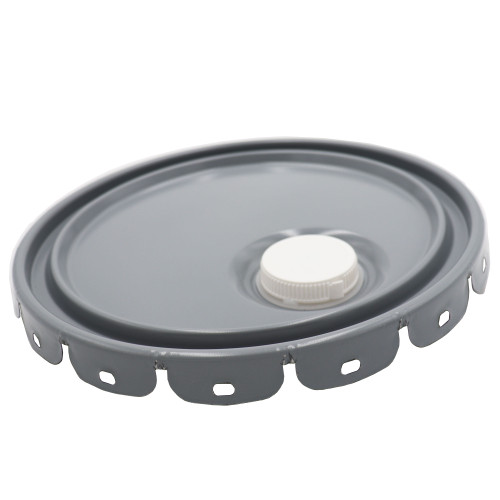 2.5-7 Gallon Gray Steel Pail Lug Cover, Rust Inhibited, 24 Gauge, w/ Stolz Fitting, Flow in Gasket, UN Rated