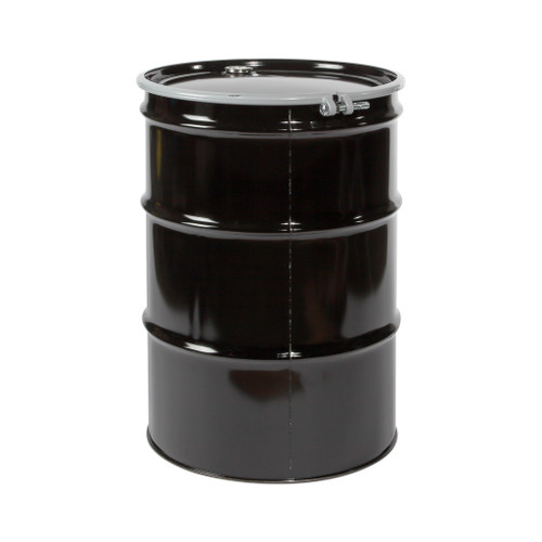 55 Gallon Black Steel Open Head Drum, Unlined, Black Cover, EPDM Gasket, 2" and 3/4" Fitting, Buna Gasket, Bolt Ring, UN Rated