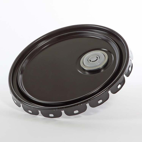 2.5-7 Gallon Black Steel Pail Lug Cover, Rust Inhibited, Rieke Fitting, Flow in Gasket, 24 Gauge, UN Rated