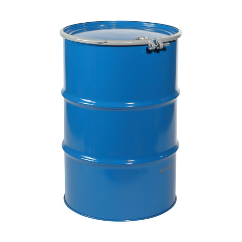 55 Gallon Blue Steel Open Head Drum, 2 Hoops, Buff Epoxy Phenolic Lining, Blue Cover, 2" and 3/4" Fitting, EPDM Gasket, Bolt Ring