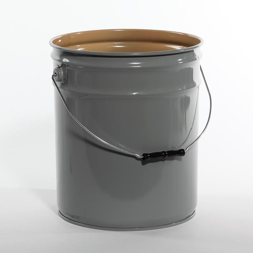 5 Gallon Gray Steel Open Head Pail, Buff Epoxy Phenolic Lining, 3.5" Double Bead, UN Rated