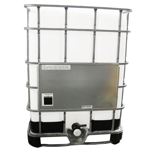 330 Gallon New IBC Tote, Natural Bottle, 6" Cap, 2" Poly Cyl Ball Valve, Tamper Evident Seal, Steel Pallet, 2 Large Label Panels, Viton Gasket, UN Rated