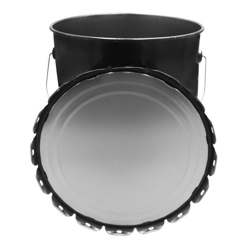 5 Gallon Black  Steel Straight Side Open Head Pail, No Bead, Rust Inhibited Lining,  w/ Black Lug Cover, Cover in Place