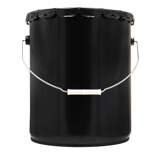5 Gallon Black  Steel Straight Side Open Head Pail, No Bead, Rust Inhibited Lining,  w/ Black Lug Cover, Cover in Place