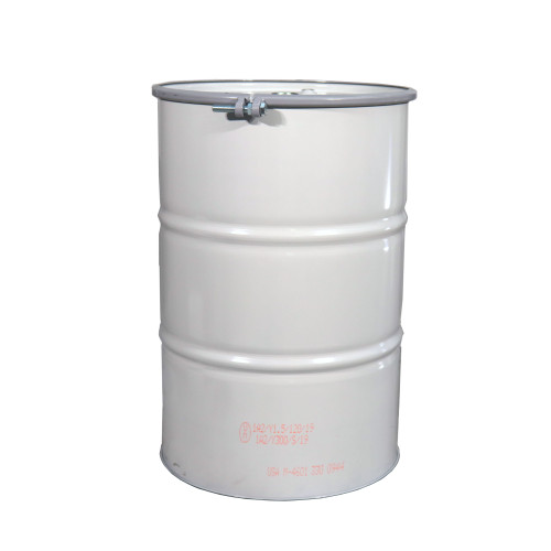 55 Gallon White Steel Open Head Drum, Unlined, White Cover, 2" & 3/4" Fittings, 2" In Center, Bolt Ring, UN Rated