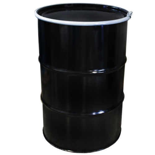 55 Gallon Black  Steel Open Head Drum, Unlined, w/ Black Cover, No Fittings, Bolt Ring, UN Rated
