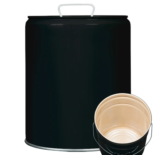 5 Gallon Black Steel Tight Head Pail, Buff Epoxy Phenolic Lined w/ 2" Rieke Plug, UN Rated