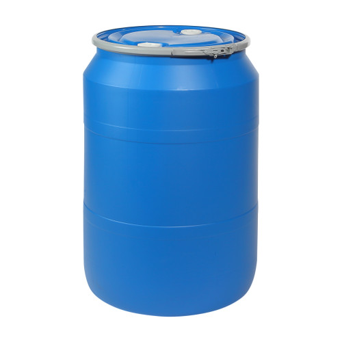 55 Gallon Blue Plastic Open Head Straight Side Drum w/ Neck in Upper, Blue Cover w/ Lever Lock Ring, 2" NPS and 2" NPS Fittings, UN Rated