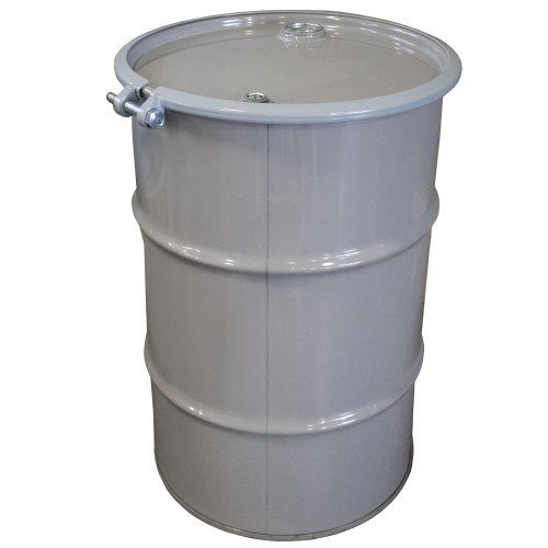 30 Gallon Gray Unlined Steel Open Head Drum w/ Gray Cover, 2" Fitting, Bolt Ring, UN Rated