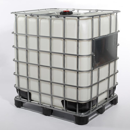 330 Gallon New IBC Tote, Natural Plastic Bottle, w/ 6" Cap Vent Plug, 2" Ball Valve w/ Viton Gasket, Steel Cage & Steel Pallet, UN Rated