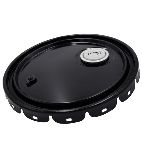 2.5-7 Gallon Black Steel Pail Lug Cover, 24 Gauge, Rust Inhibited, Rieke Fitting, Poly Vent, Flow in Gasket, UN