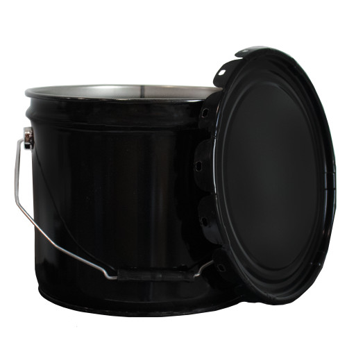 3.5 Gallon Black Steel Open Head Pail, Single Bead, Rust Inhibited Lining, w/ Lug Cover, Flow in Gasket, 28 Gauge