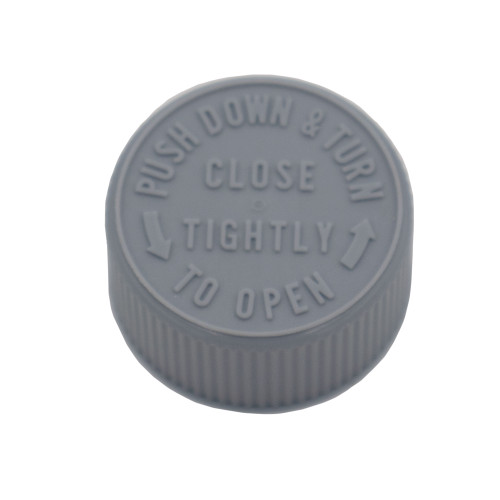28mm 28-400 Gray PP Plastic Child-Resistant Cap, FS3-19 Heat Seal, Push Down & Turn Text